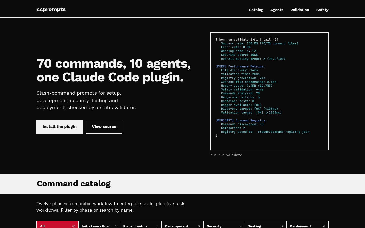 CCPrompts site, with the 70 commands headline, a validator run and the command catalog