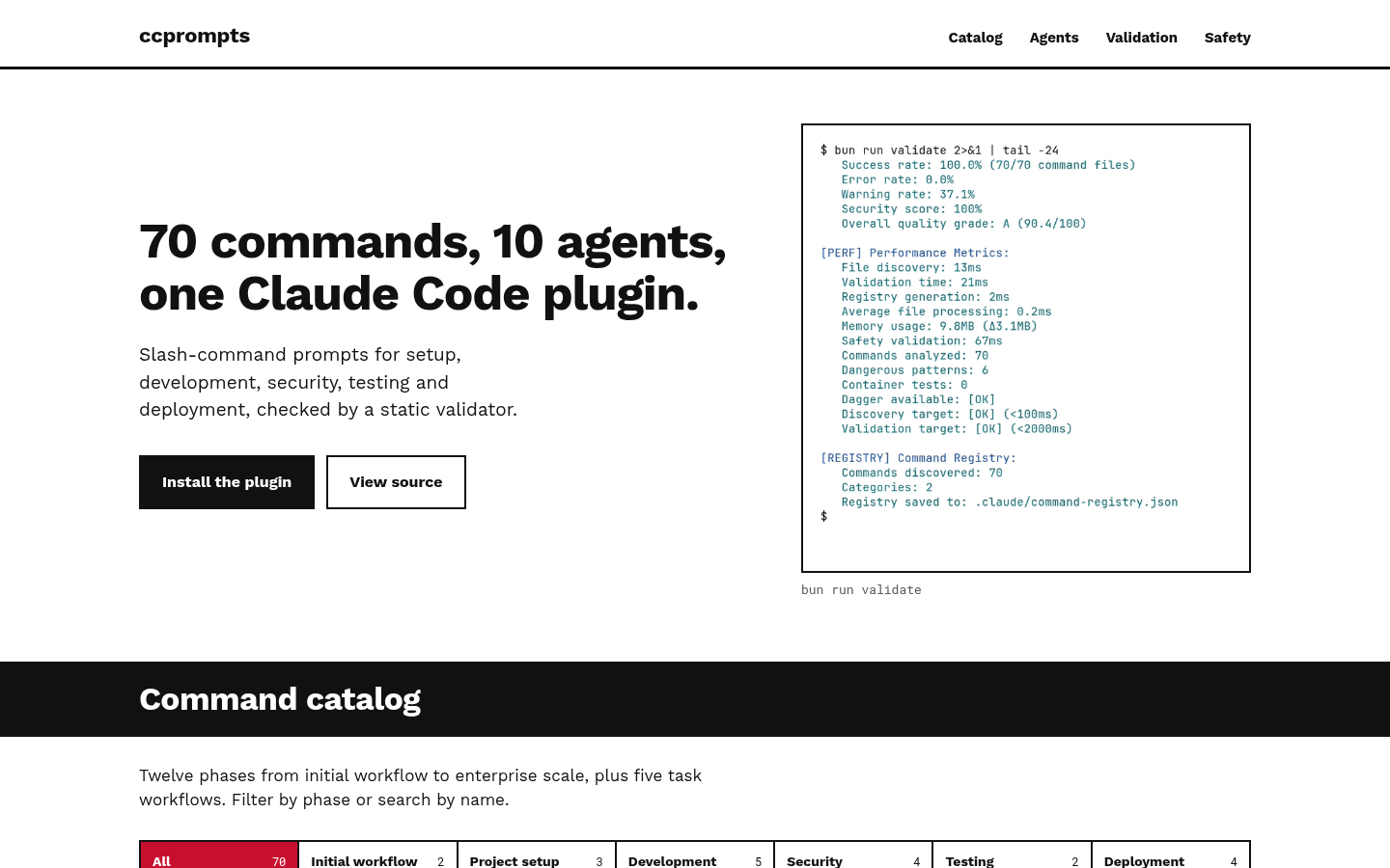 CCPrompts site, with the 70 commands headline, a validator run and the command catalog