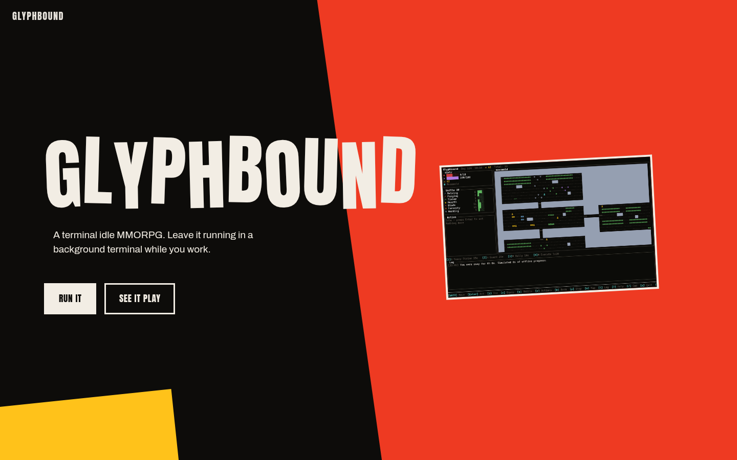 Glyphbound site, with the title over a red cut and a terminal capture of the game
